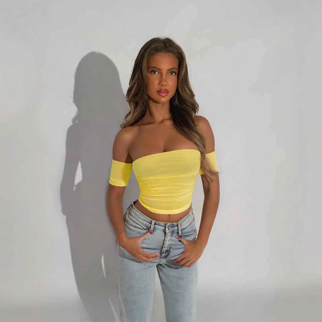Yellow off the shoulder fitted top with short sleeve