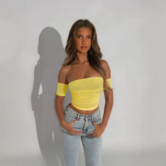 Yellow off the shoulder fitted top with short sleeve