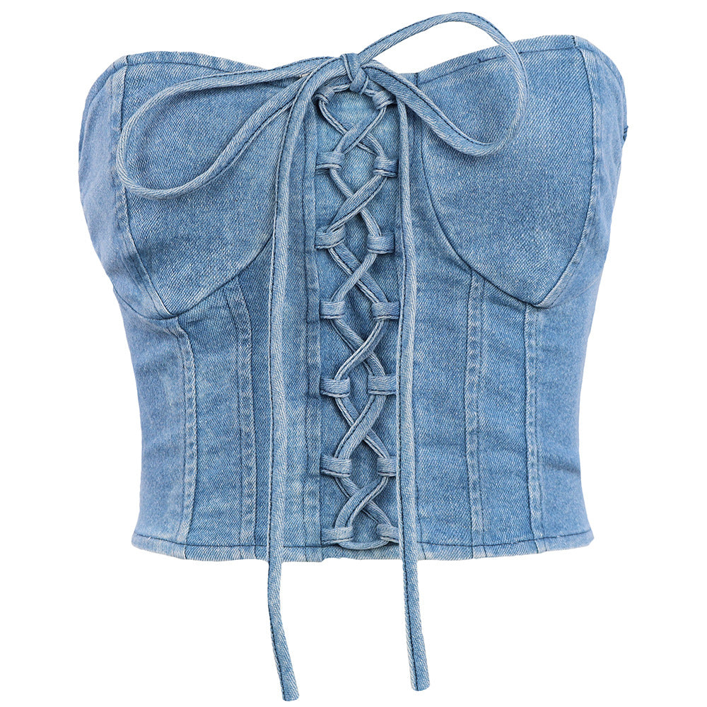 Sexy Denim Y2K Lace up Tube Top Women Strap Denim Blue