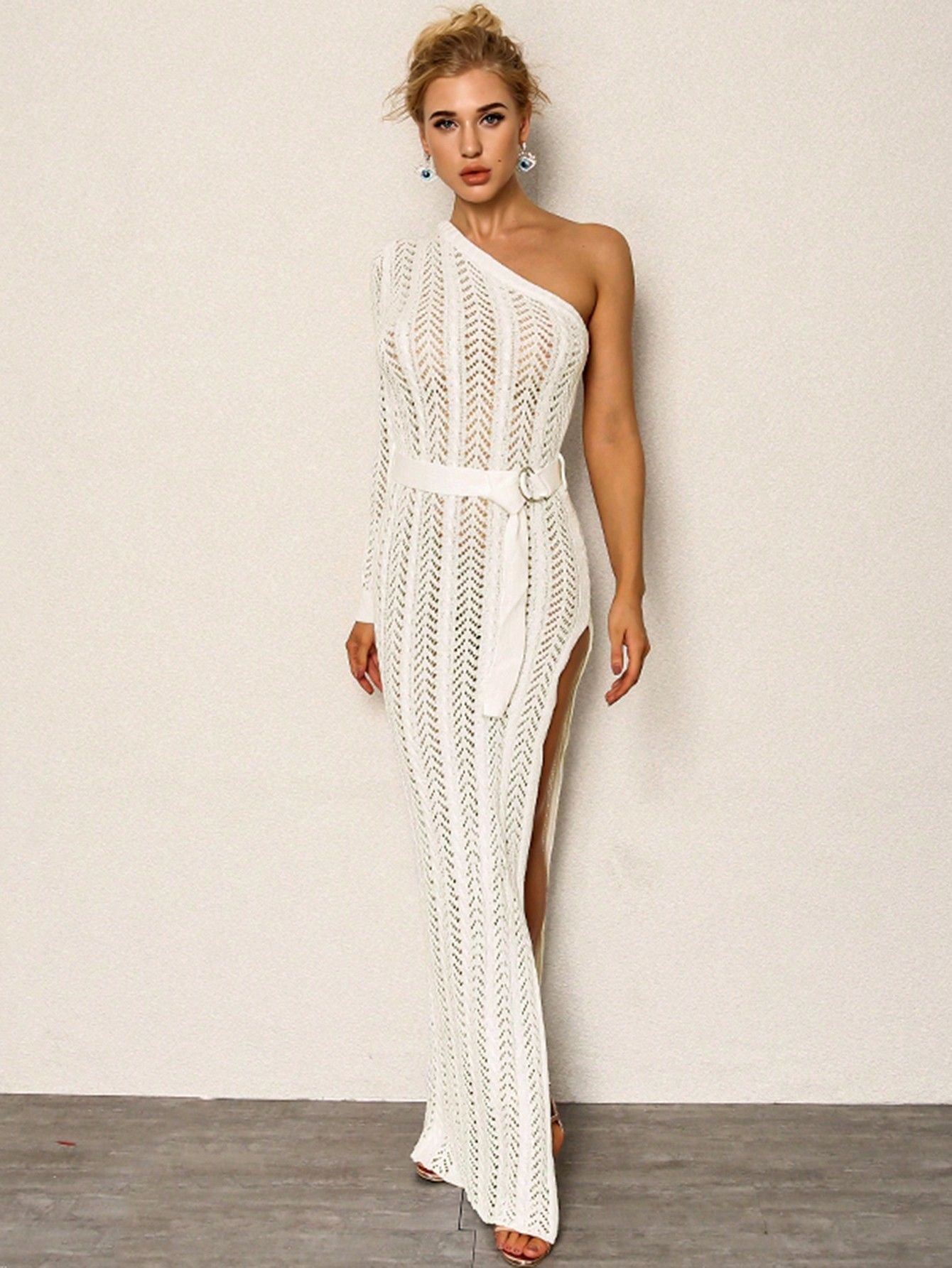 Sexy White Pointelle Cutout One Shoulder Long Sweater Dress w/ High Slit