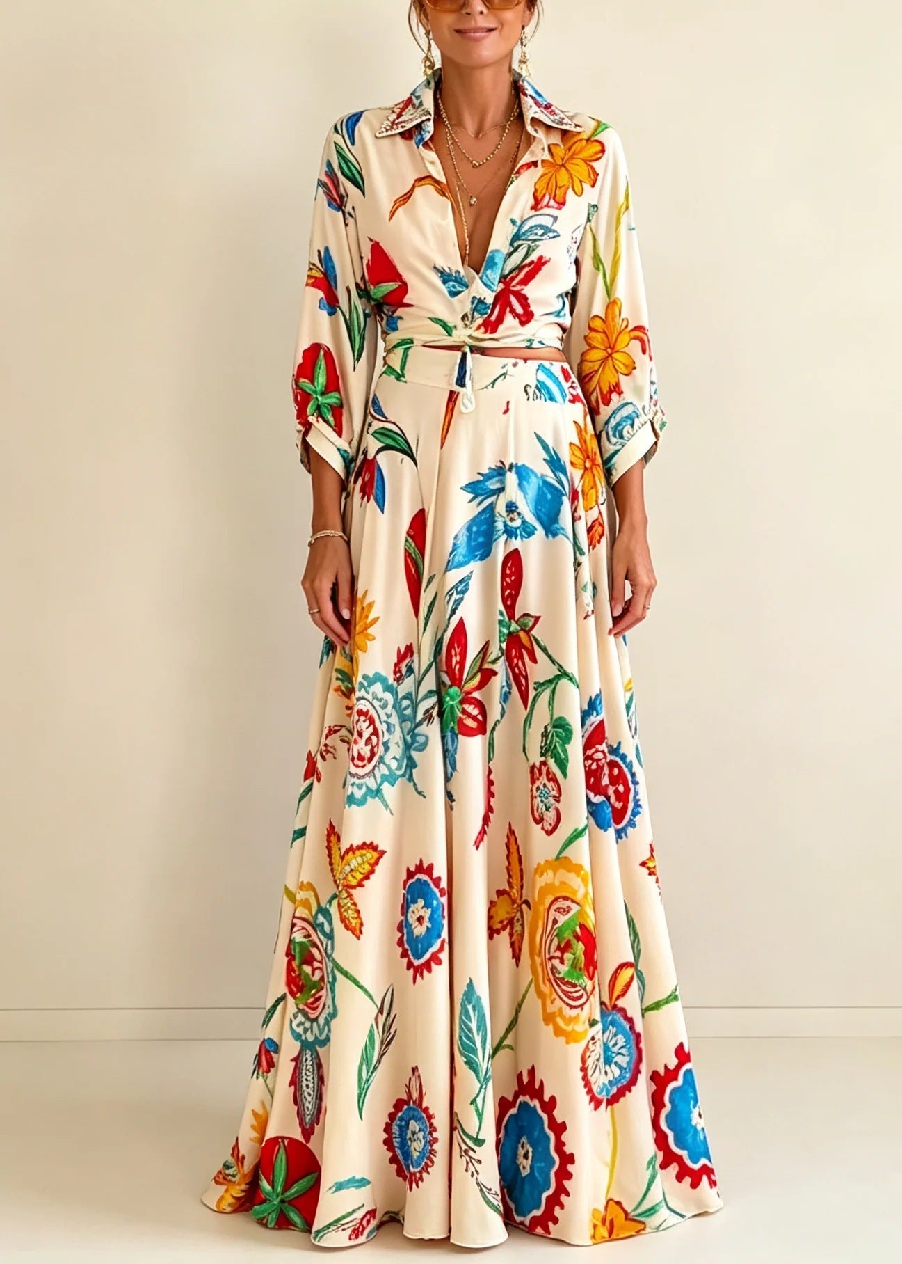 Colorful Floral Tie‑Front Shirt & Maxi Skirt Set Women Cutout Long Sleeve Two‑Piece Outfit
