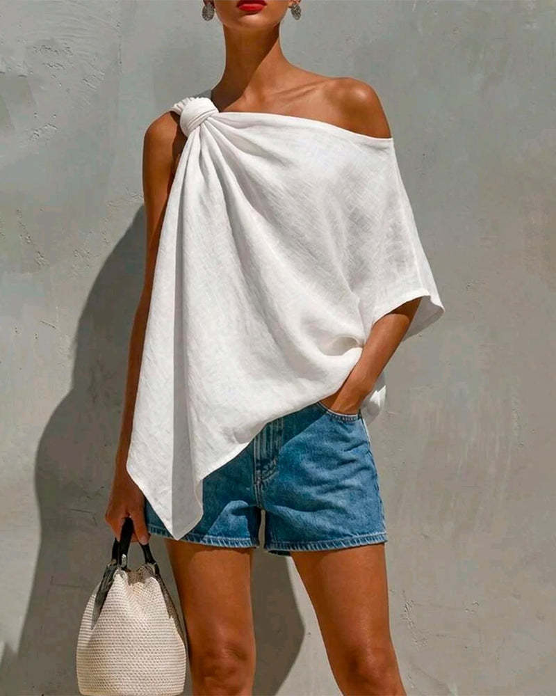 One Shoulder Asymmetrical Twisted Off Shoulder Mid Sleeve Casual Solid Color Top