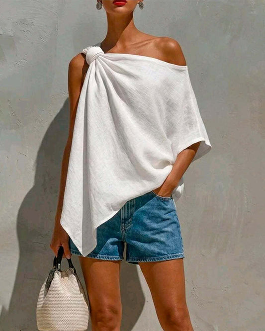 One Shoulder Asymmetrical Twisted Off Shoulder Mid Sleeve Casual Solid Color Top