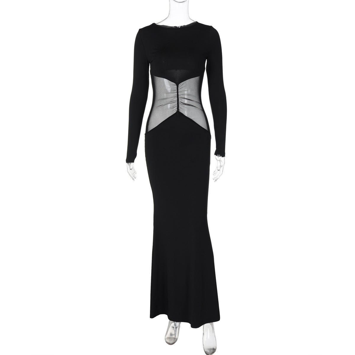 Fall Women Clothing round Neck Pullover Long Sleeve Mesh Slim Fit Patchwork Hip Bag Dress Black