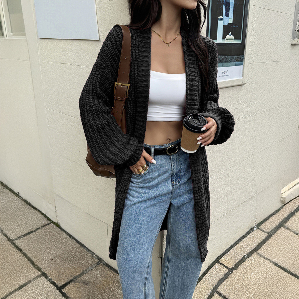 Long Chunky Cozy Cable Open Cardigan/ Duster Black