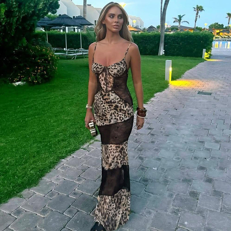 Leopard Print Long Maxi Dress with Lace Insert Panels Y2K
