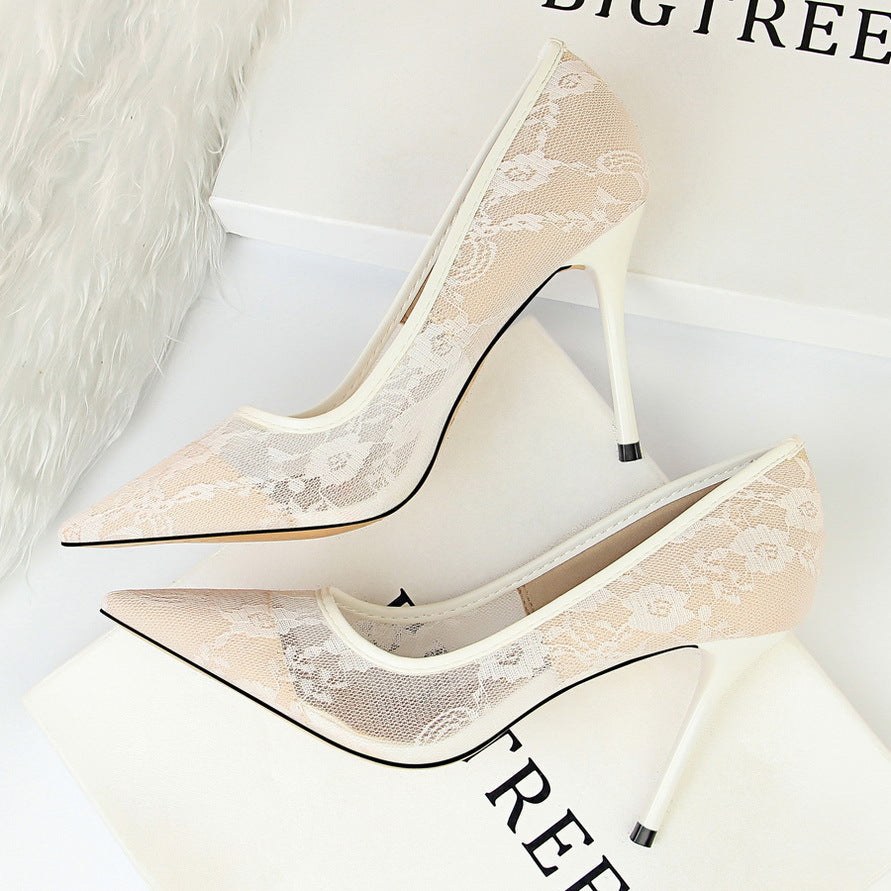 Sexy Skinny Lace Stiletto Heel Pointed Toe High Heels White