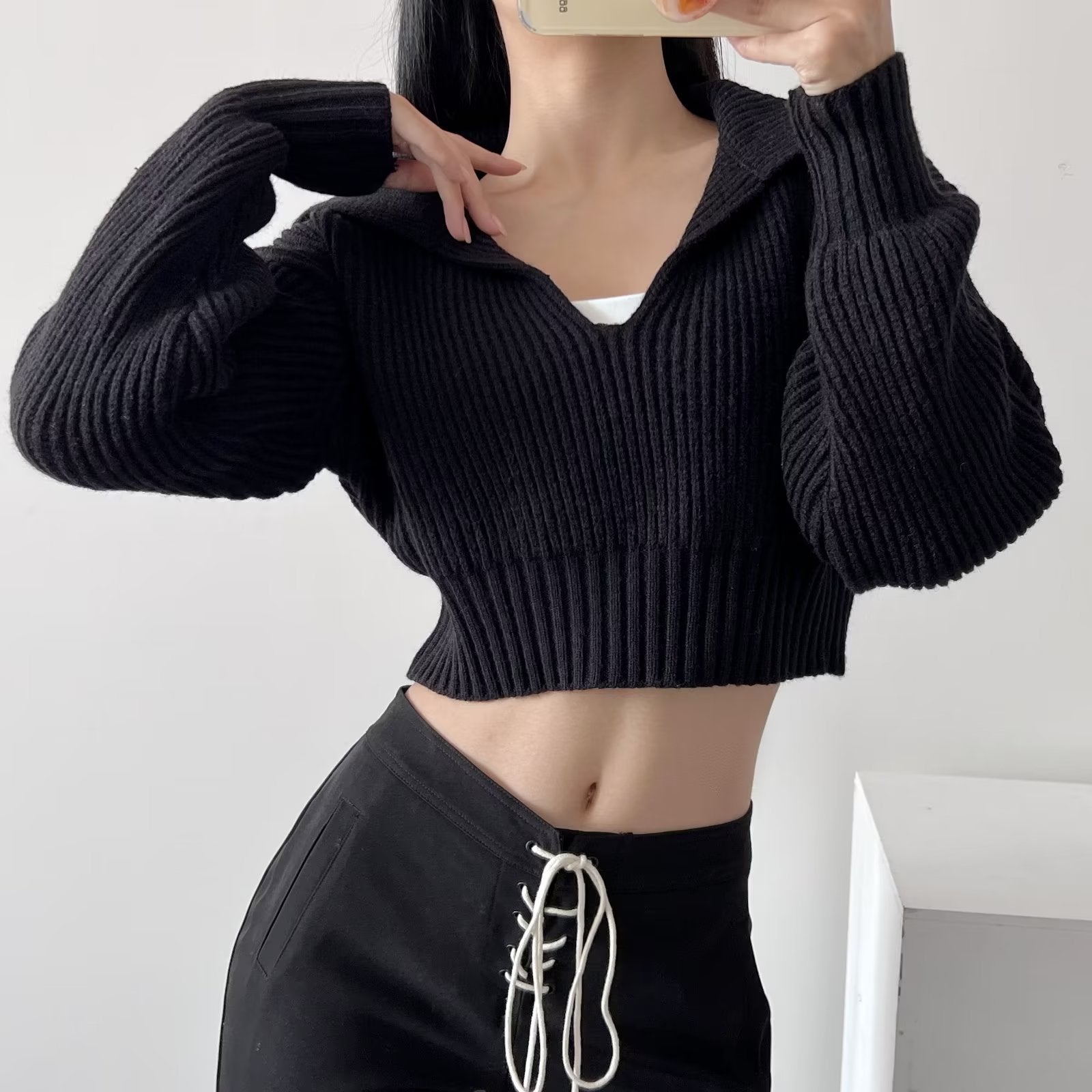 Cozy Cable Collar Cropped Sweater Top