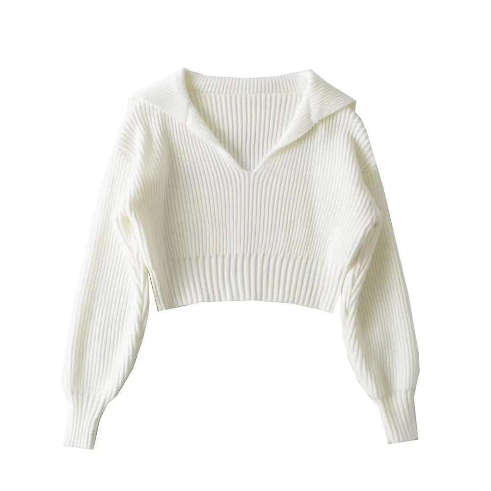 Cozy Cable Collar Cropped Sweater Top One Size White