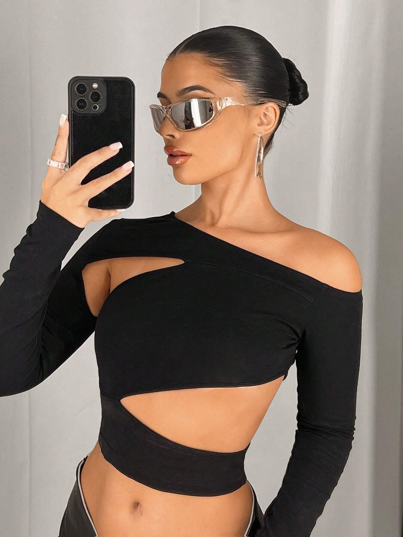 Ladies Asymmetric One Shoulder Cold Shoulder Long Sleeve Top Black