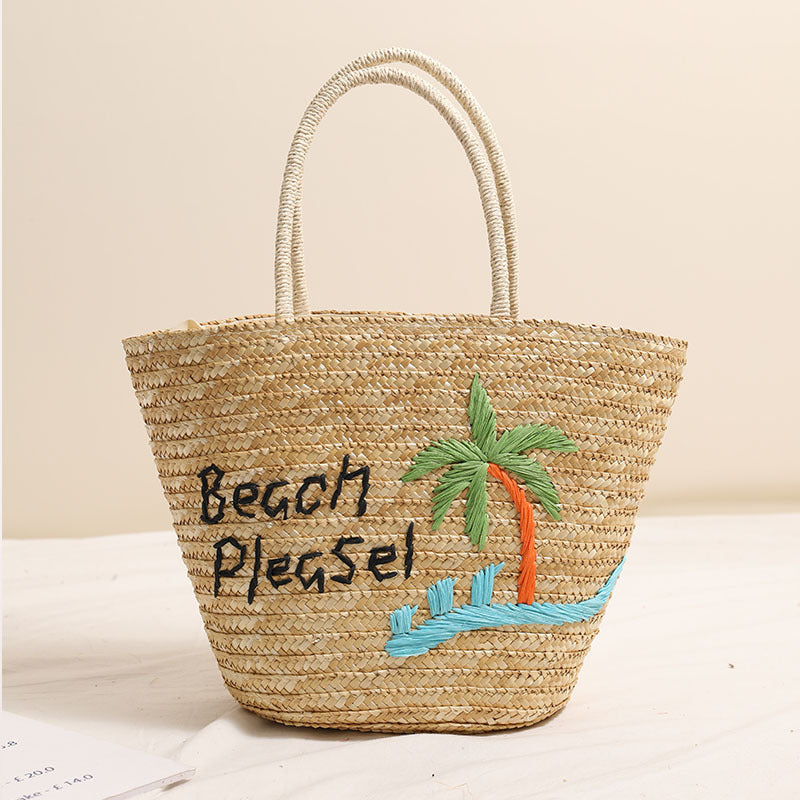 Coconut Embroidery Shoulder Straw Bag Letters Hand-Carrying Woven Bag Vacation Beach Bag Large Capacity Rattan Bag One Size Brown