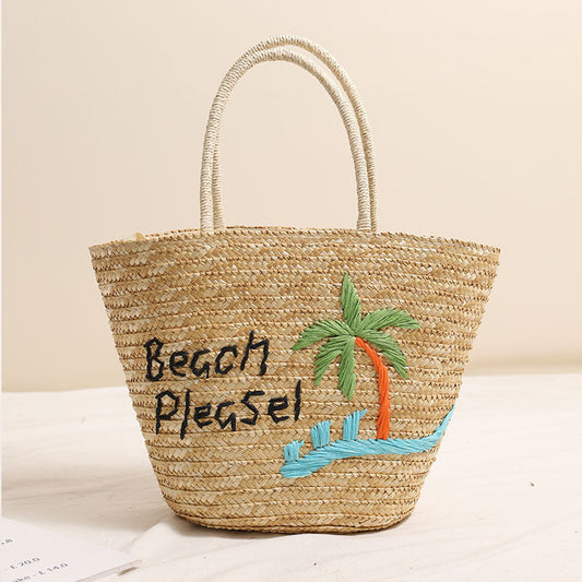 Coconut Embroidery Shoulder Straw Bag Letters Hand-Carrying Woven Bag Vacation Beach Bag Large Capacity Rattan Bag One Size Brown