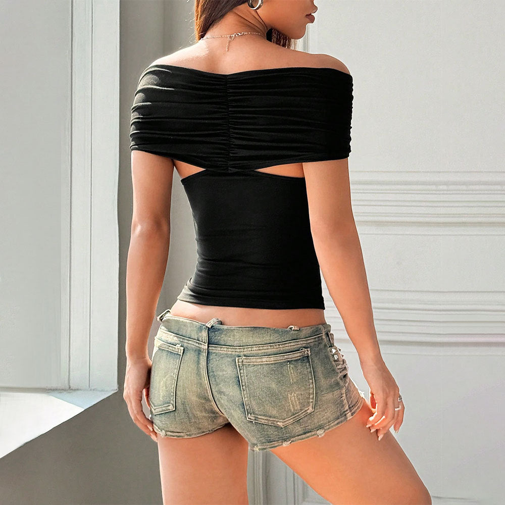 Sexy V neck Twisted T shirt Pleated off the Shoulder Short Slim Top