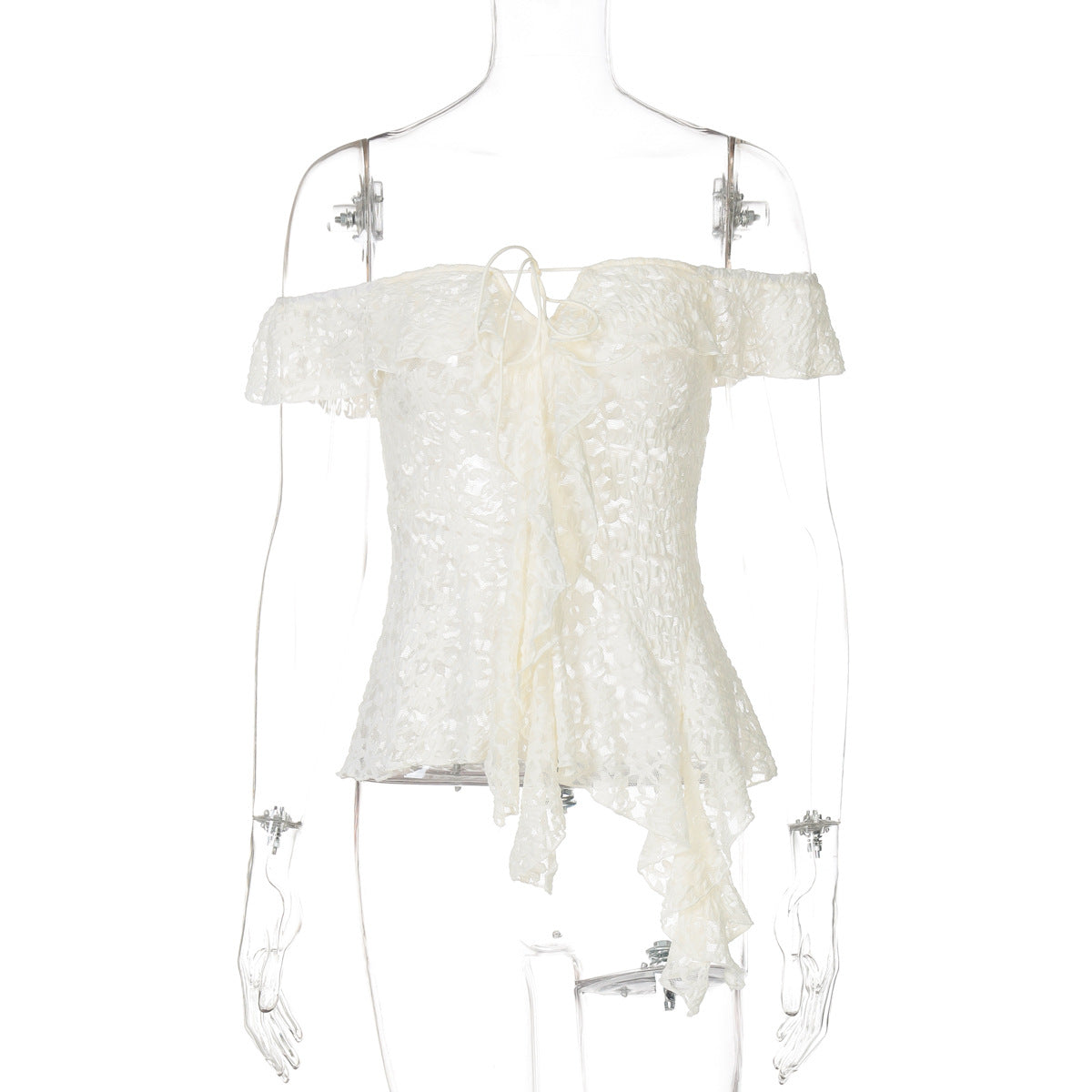 Lace Off White Flounce up Off the Shoulder Top Y2K Apricot