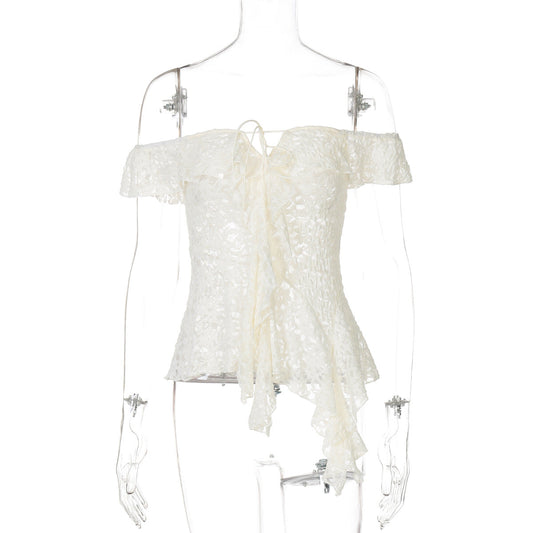 Lace Off White Flounce up Off the Shoulder Top Y2K Apricot