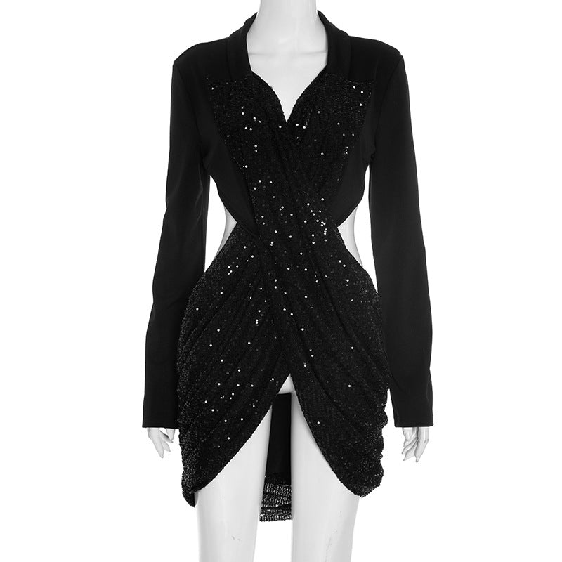 Sequin Combo Long Sleeve T Back Cocktail Formal Party Dress Black