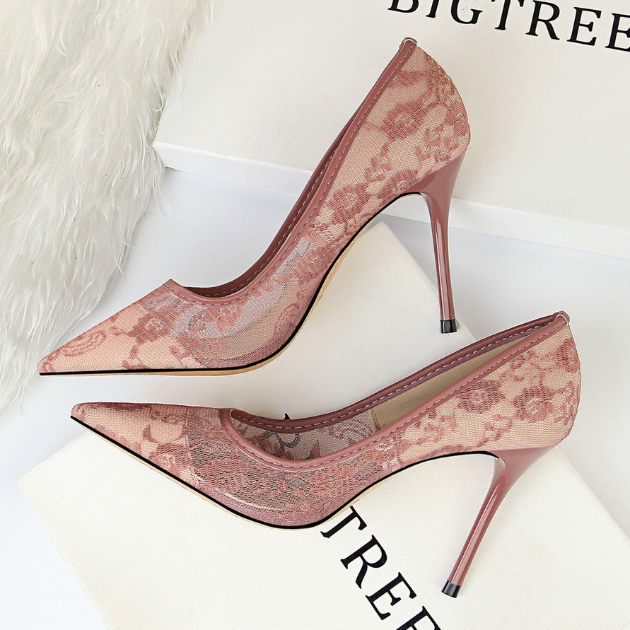 Sexy Skinny Lace Stiletto Heel Pointed Toe High Heels Purple
