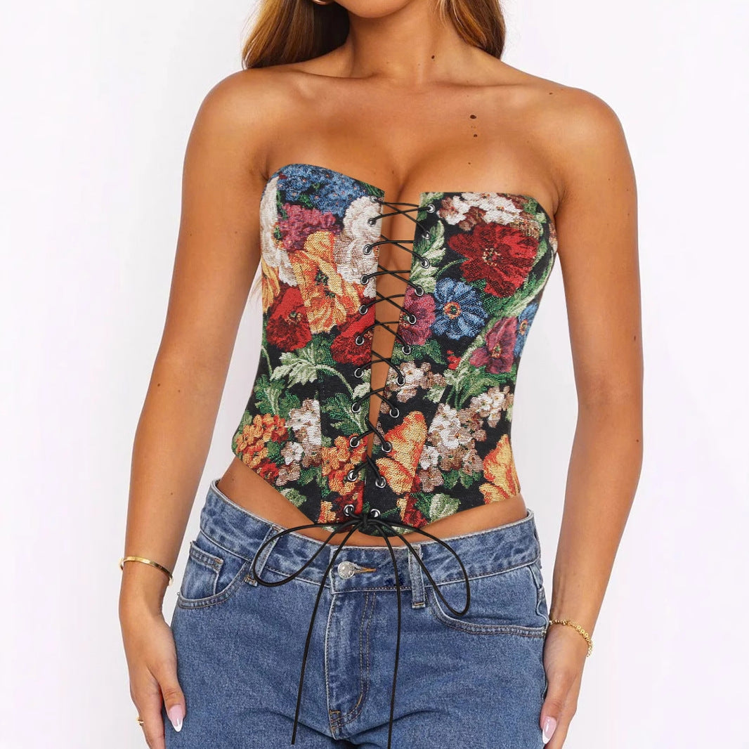 Sexy Tube Top Victorian Floral Corset with Boning Lace Up Detail