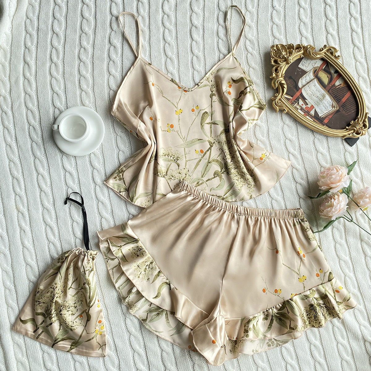 Silk Pajamas leaf Printed Short / Cami Set with ruffle hem Champagne Cherry