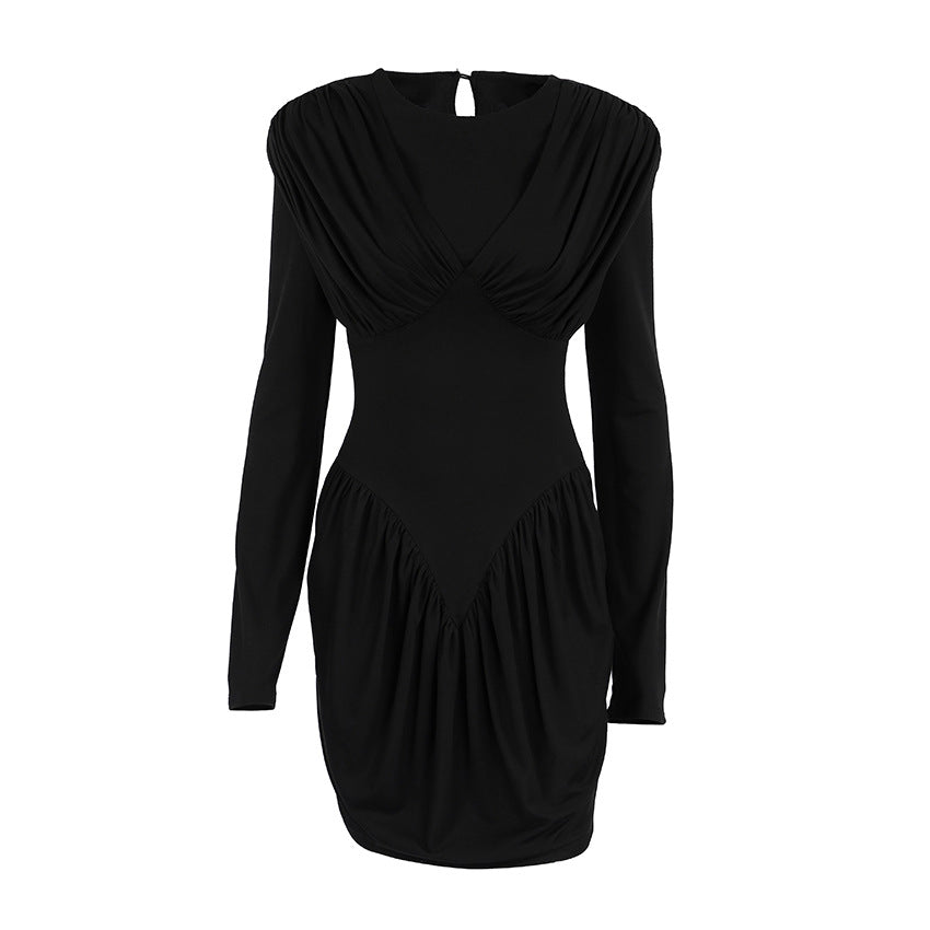 Long Sleeve Short Mini Dress with Front Draping Detail LBD Y2K
