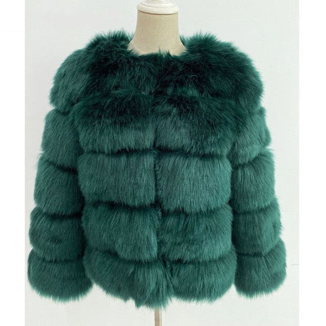 Fur in Faux Fur Coat Women Short Long Sleeve Fur Artificial Fur Coat blackish green