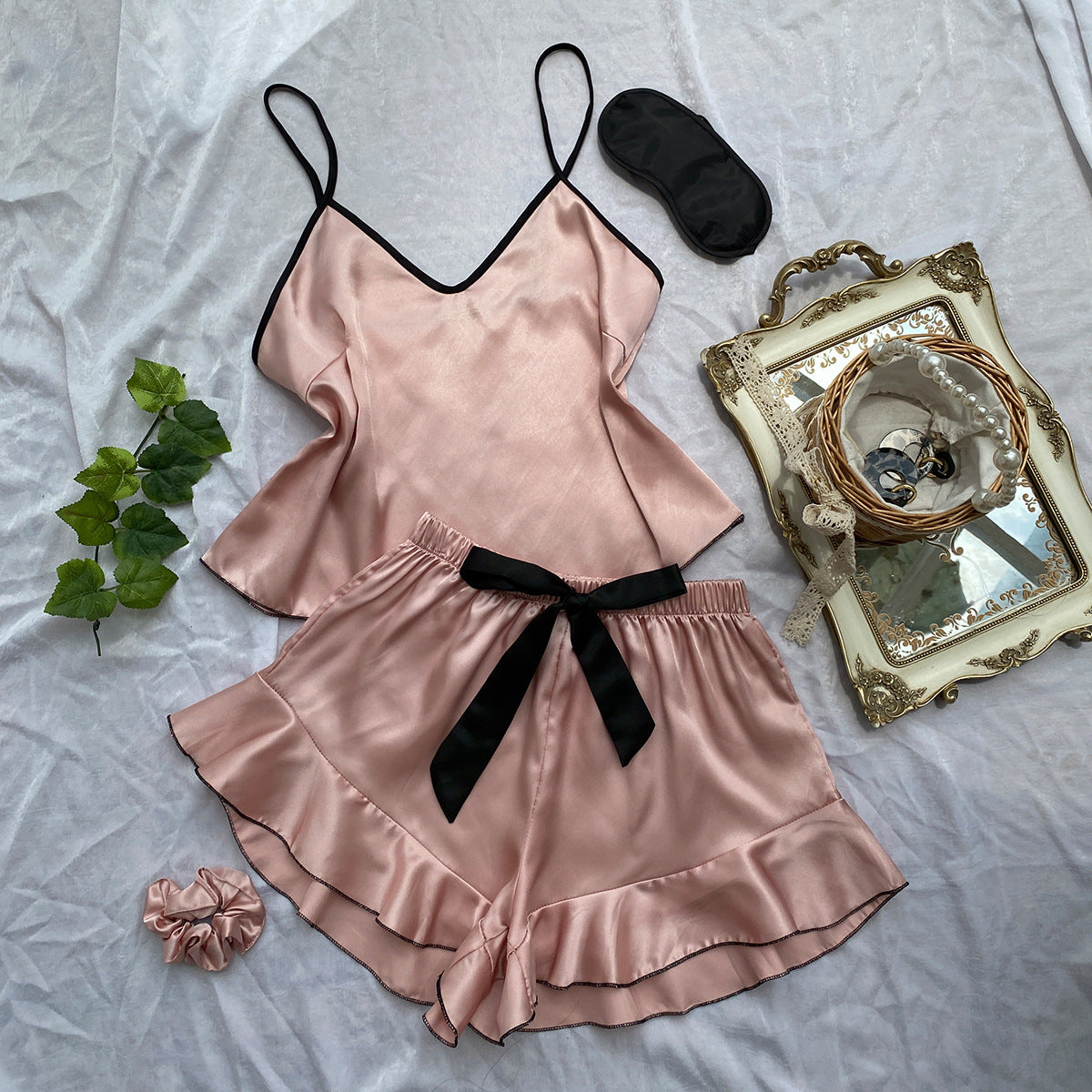 Sexy Satin with Contrast Piping Cami/Short Set with ruffle accent Lotus Root Starch