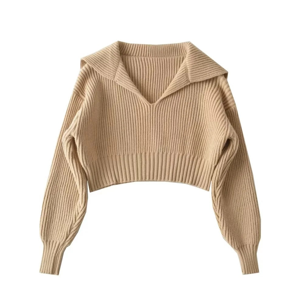 Cozy Cable Collar Cropped Sweater Top One Size Khaki