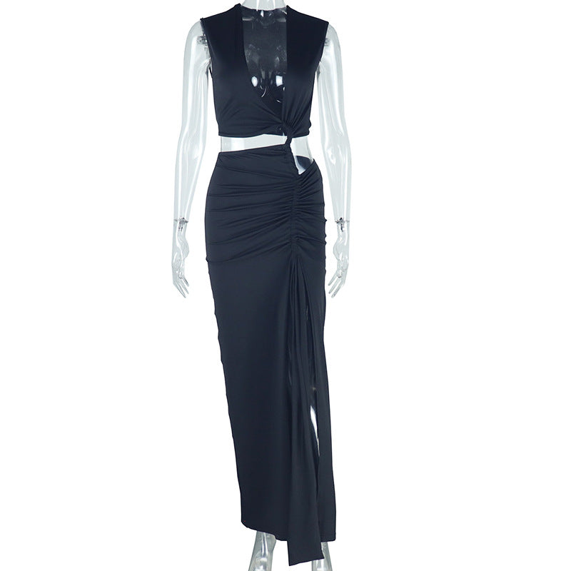 Sexy Women Oblique V neck off Shoulder Sleeveless Irregular Asymmetric Slit Black