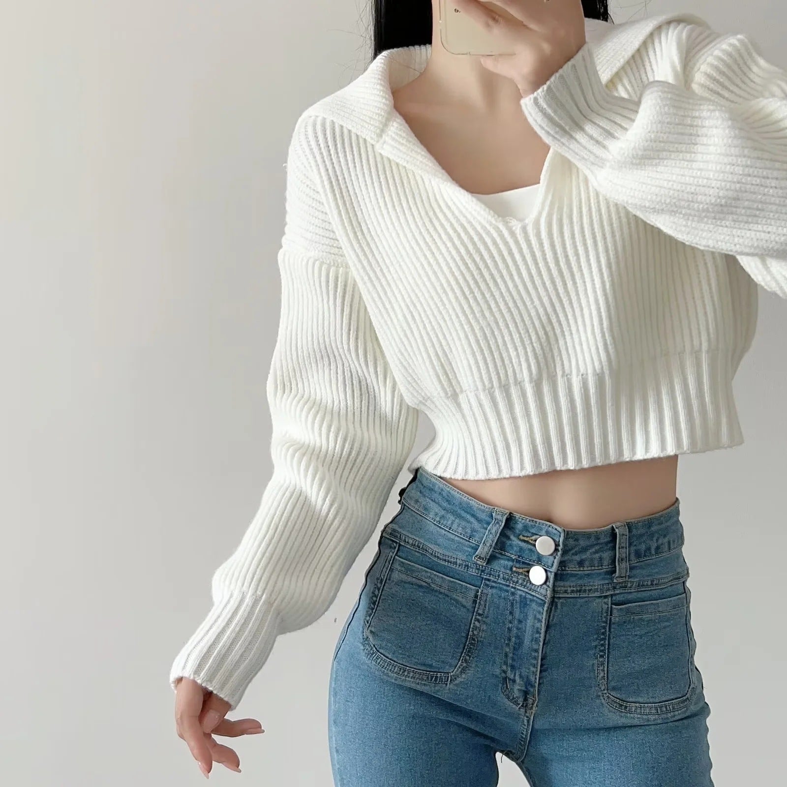 Cozy Cable Collar Cropped Sweater Top