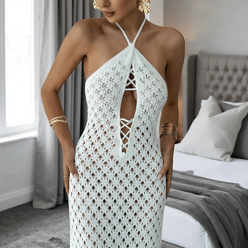 White Crochet Out Cutout Backless Lace up Dress