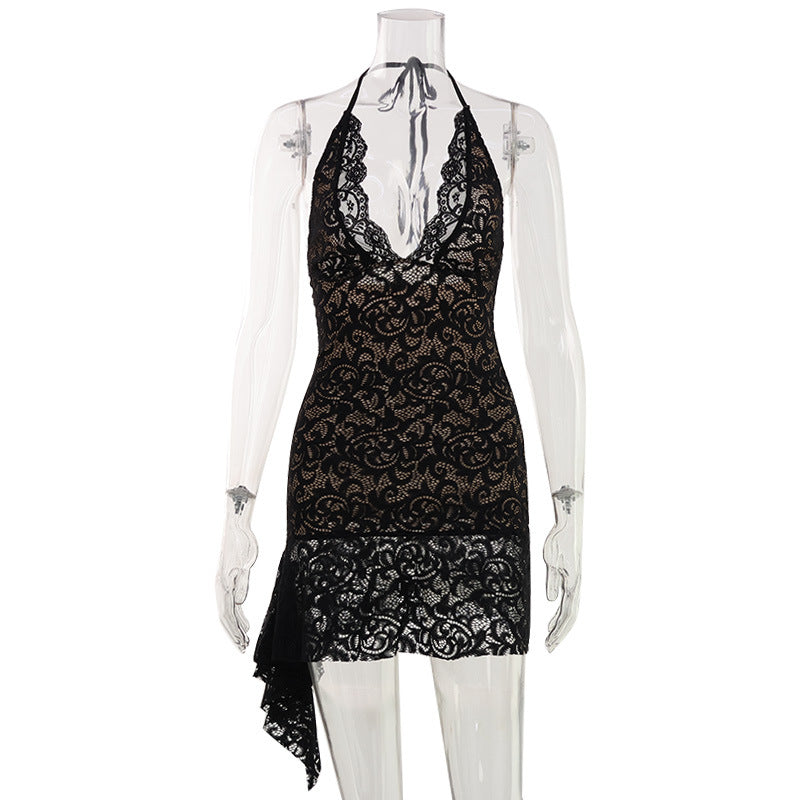 Sexy Black/Nude Lace Cut Halter Mini Deep Halter Dress w/ Side Ruffle Black