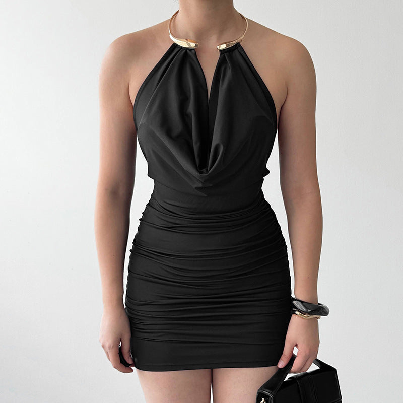 Sexy Y2K Cowl Neck with Gold Necklace Detail Black