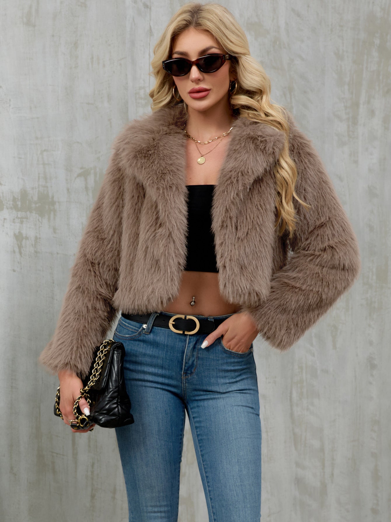 Plush Short Jacket Faux Fur Coat Suit Collar Outer Coat Khaki