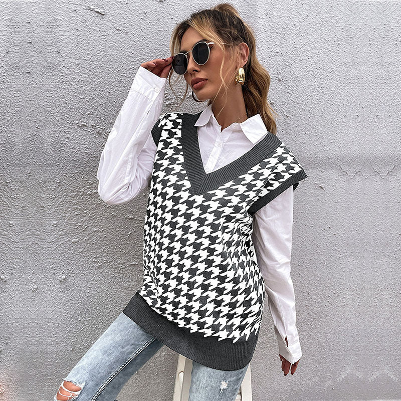 Checkered Loose Houndstooth V neck Knitted Vest Women Dark Grey