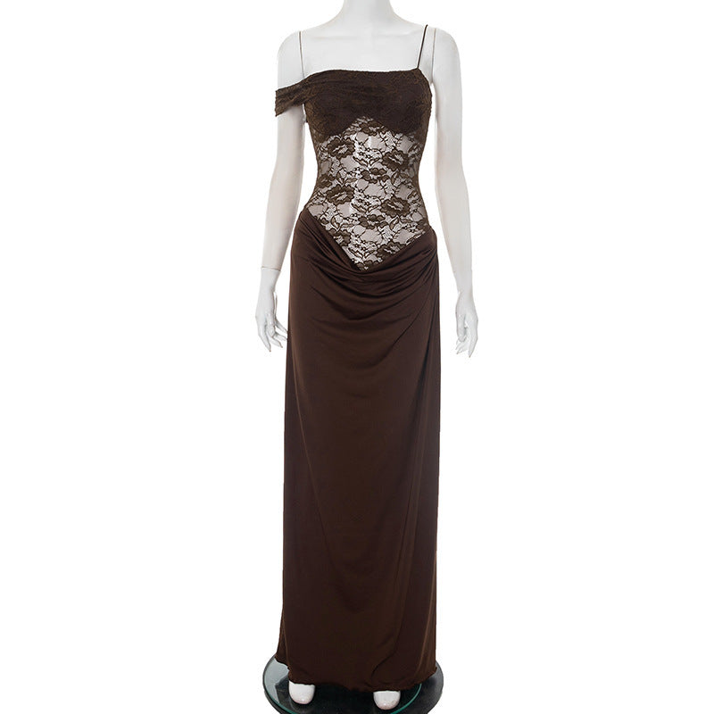 Ladies Sexy Long Lace Insert Strap Lace Maxi Dress Off Shoulder Detail Brown