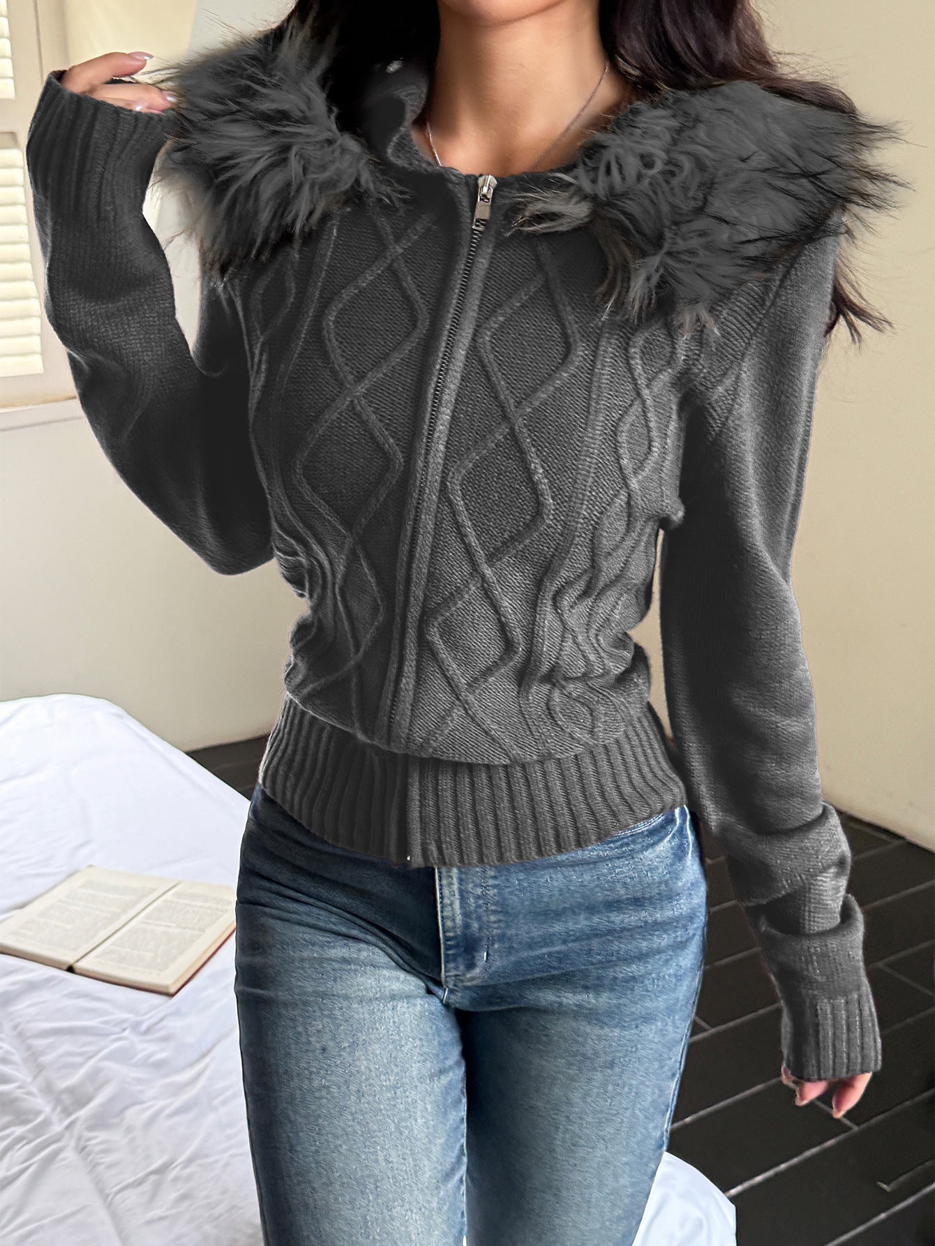 Plush Long Sleeve Sweater Coat Sweater with Fur Gray
