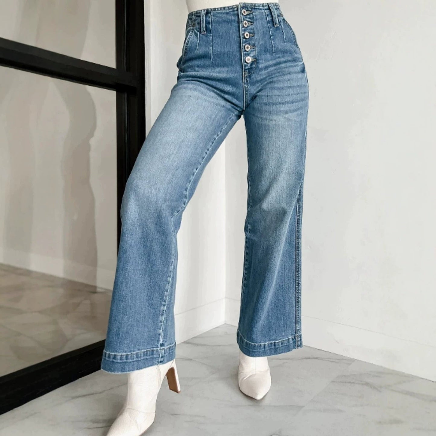 Wide Leg Jeans Spring Autumn Retro Simple Casual Slim Fit Women Pants