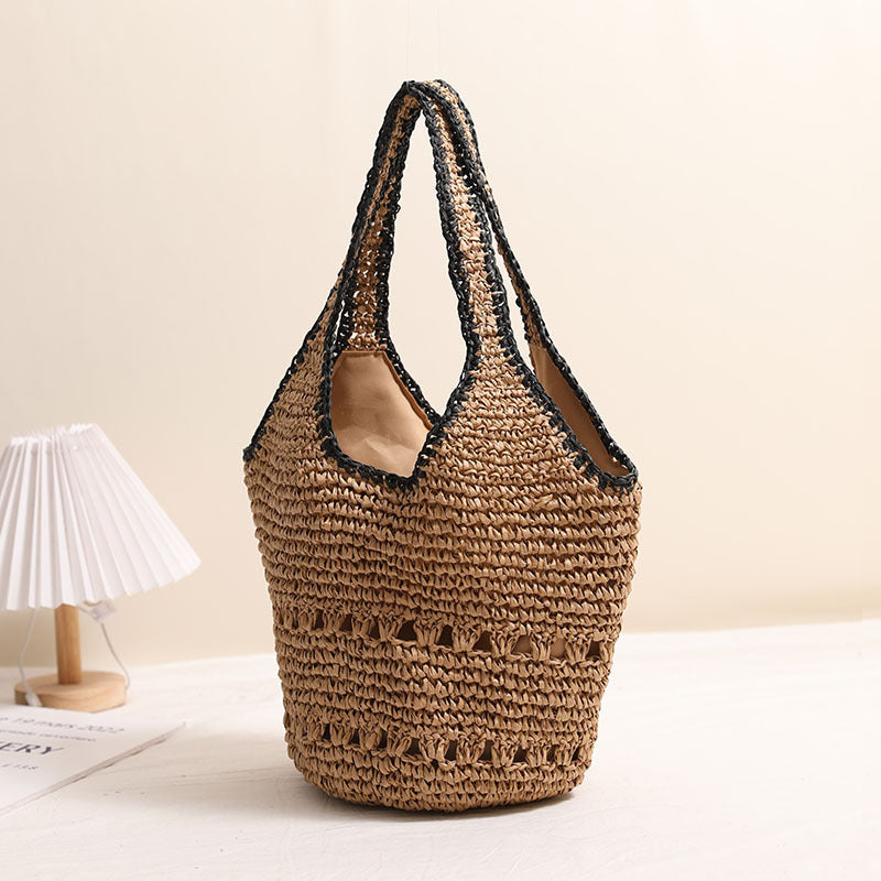 Large Shoulder Out Cutout Portable Straw Beach Bag Woven