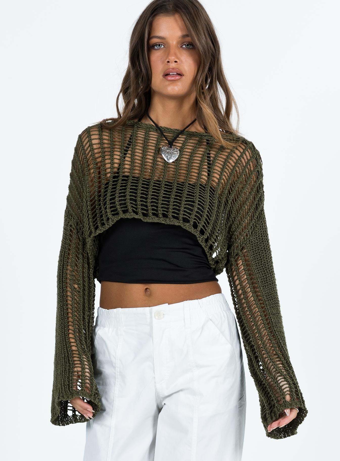 Crew Neck Long Sleeve Hollow Out Cutout out Cropped Knitted Black Sweater Army Green