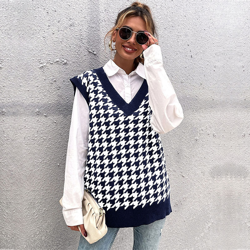 Checkered Loose Houndstooth V neck Knitted Vest Women Purplish blue
