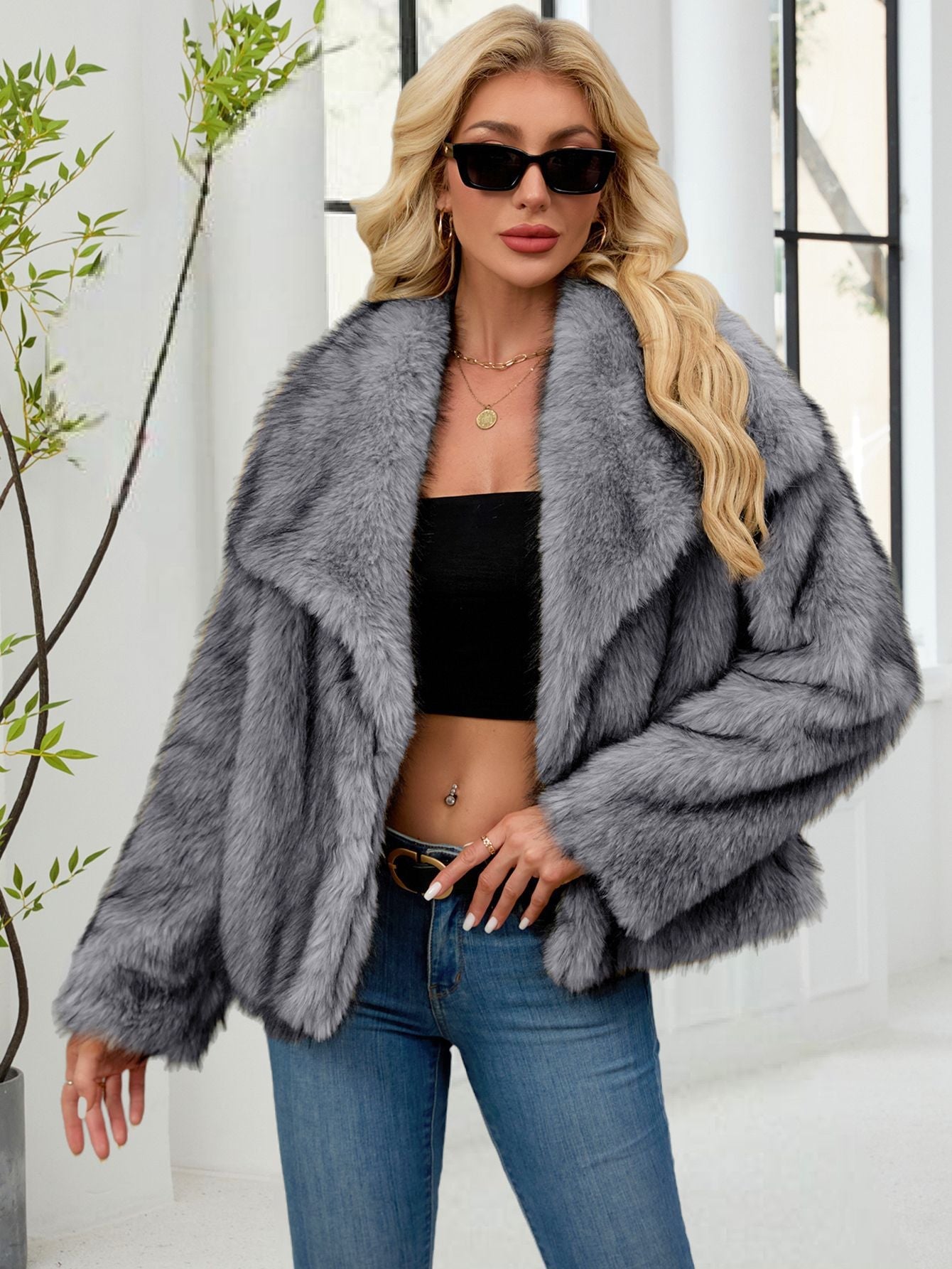 Faux Fur Warm Fluffy Coat with Large Collar Gray with Wire