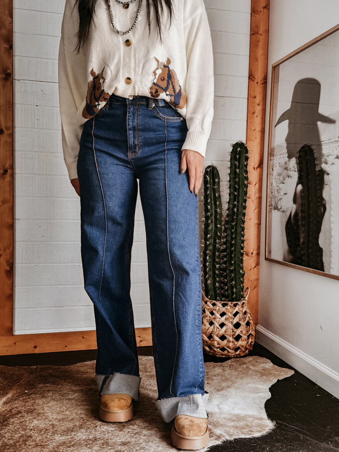 Denim Washed out Pressed Front Seam Boot Leg Wide Cuff Straight Jeans Navy Blue