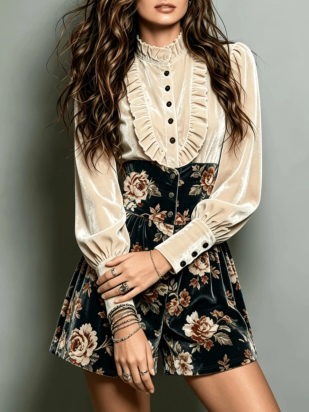 Vintage Ruffled Collar Velvet High Waist Romper