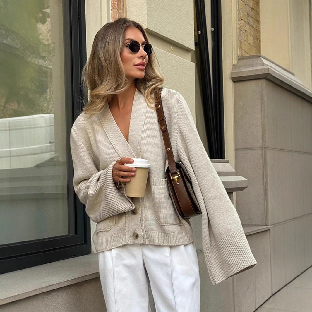 Loose Knitted Boxy V neck Knitted Cardigan Apricot