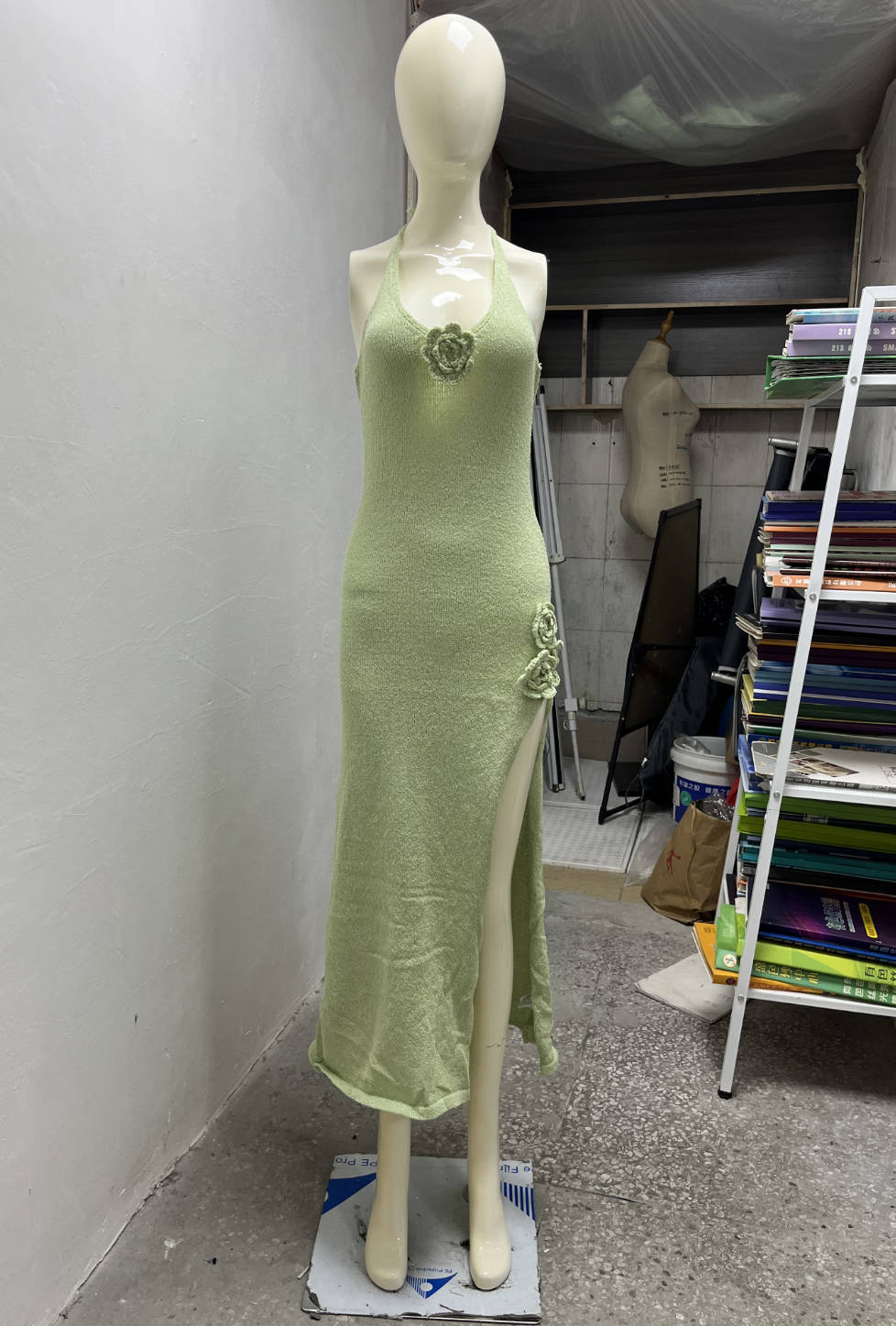 Deep V Plunge Neck Backless Dress Sexy High Split Cami Dress Beauty Back Knitted Dress Green