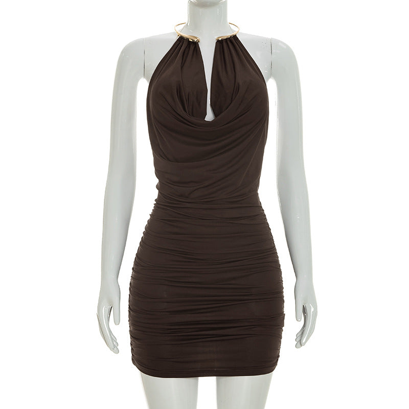 Sexy Y2K Cowl Neck with Gold Necklace Detail Brown