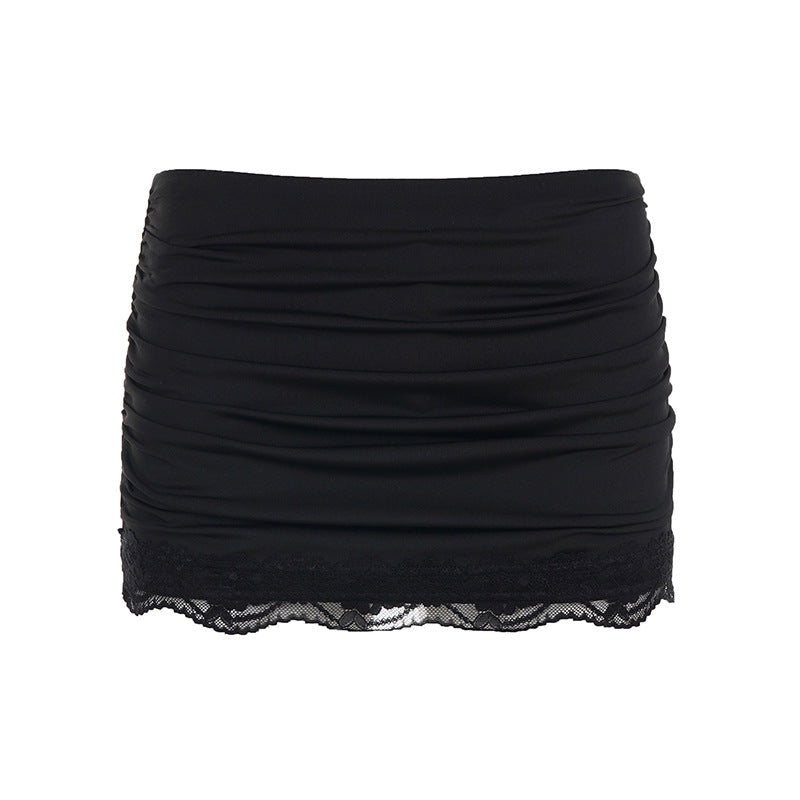 Lace Trimmed Shirred Mini Skirt Y2K in Blk or White Black