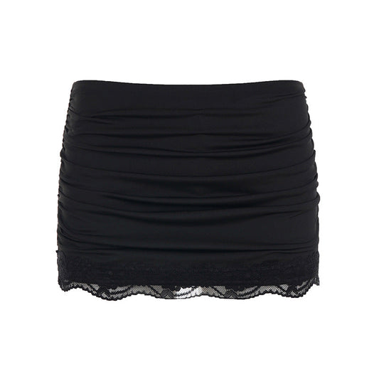 Lace Trimmed Shirred Mini Skirt Y2K in Blk or White Black