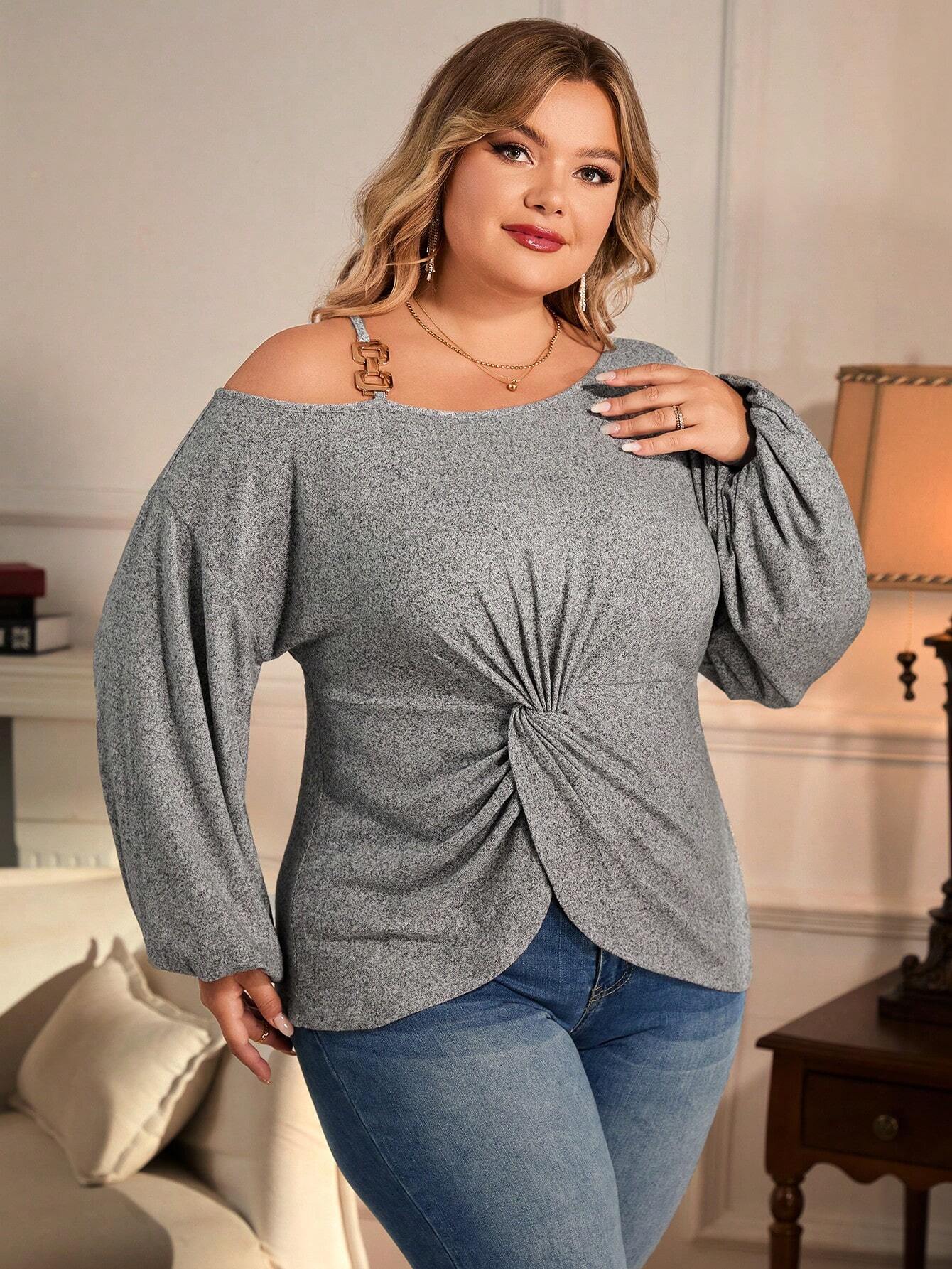 Plus Size Women Clothes off Shoulder Twisted Long Sleeved T shirt Metal Buckle Shoulder Strap Loose Slimming Top
