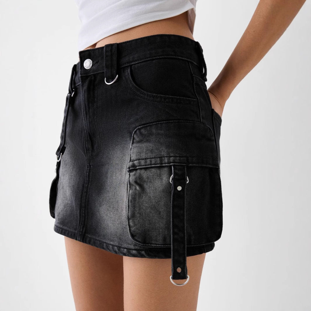 Cargo w/ Pockets Denim Skirt Black
